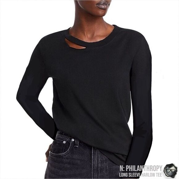 N:PHILANTHROPY LONG SLEEVE HARLOW BFF TEE SHIRT IN BLACK CAT CUT OUT NECK BAND - Picture 2 of 12